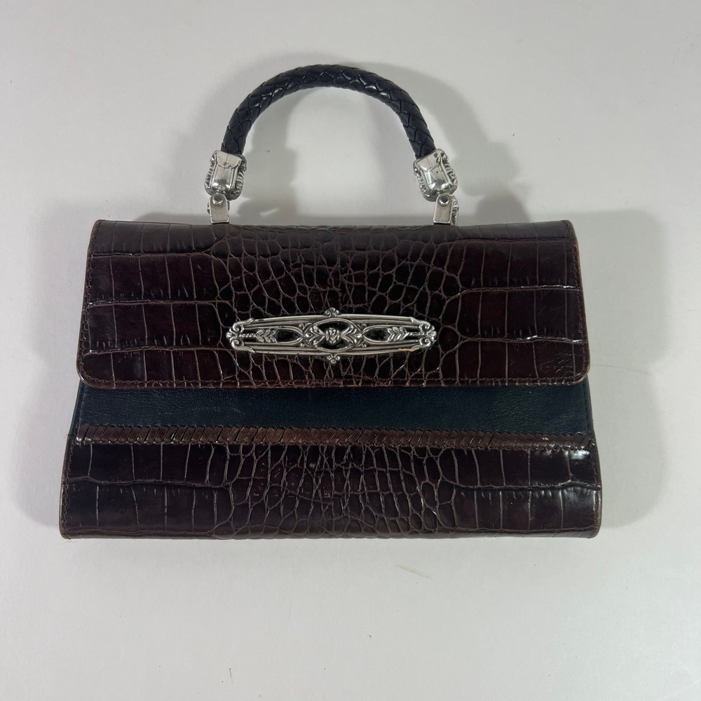 Brighton Wristlet Wallet Croc Leather Minibag Brown Silver 5 x 8" Missing strap